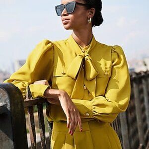 Express Balloon Sleeve Button Tie Neck Portofino Shirt - Yellow/Gold NWT